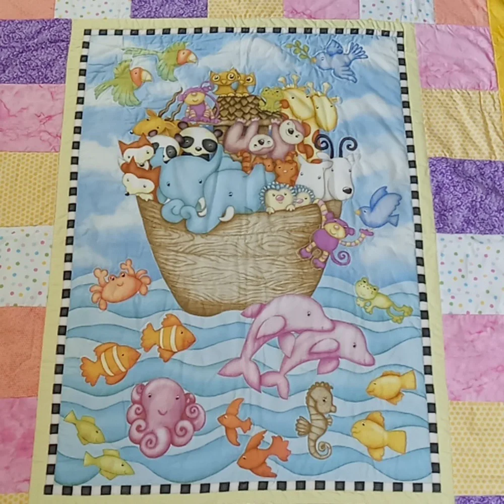 Colorful Noah's Arc Animal-Themed Baby Quilt NWOT
